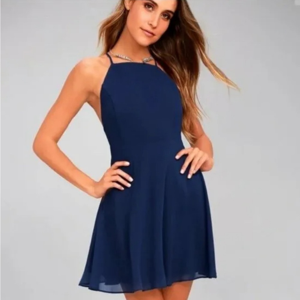 Lulu's Letter of Love Backless Skater Dress Size Medium Navy Chiffon